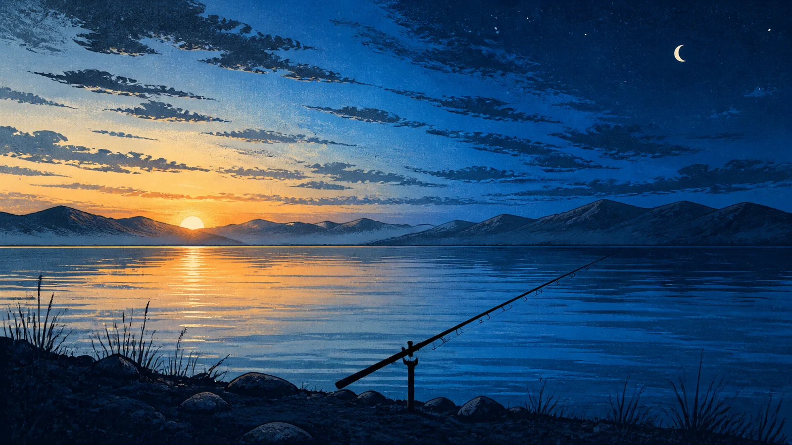 Screenprint illustration of one Utah Lake shoreline transitioning from sunrise to moonlit blue hour with a rod resting in a bank holder