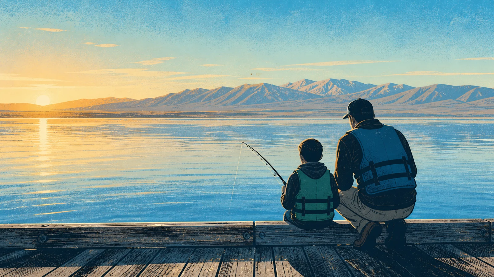 Screenprint illustration from behind of a child and supervising adult wearing personal flotation devices while fishing from a broad Utah Lake pier at sunrise