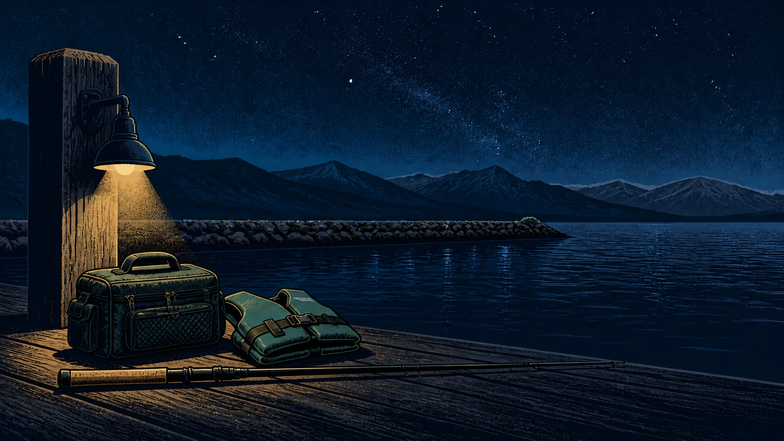 Screenprint illustration of a shielded pier light illuminating a closed tackle bag, folded personal flotation device, and fishing rod beside dark Utah Lake water