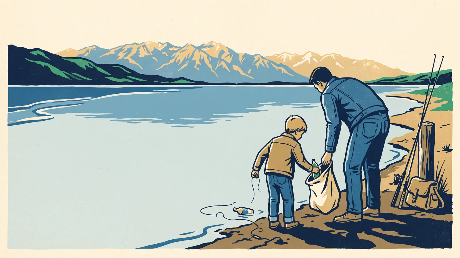 An adult and child collecting fishing line and a bottle from the Utah Lake shoreline
