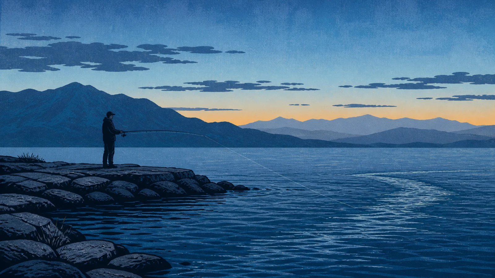 Screenprint illustration of an angler working one spinning rod from a rocky Utah Lake point at blue hour